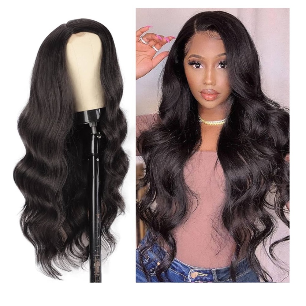 EE1- LONG 22” black wavy side part wig